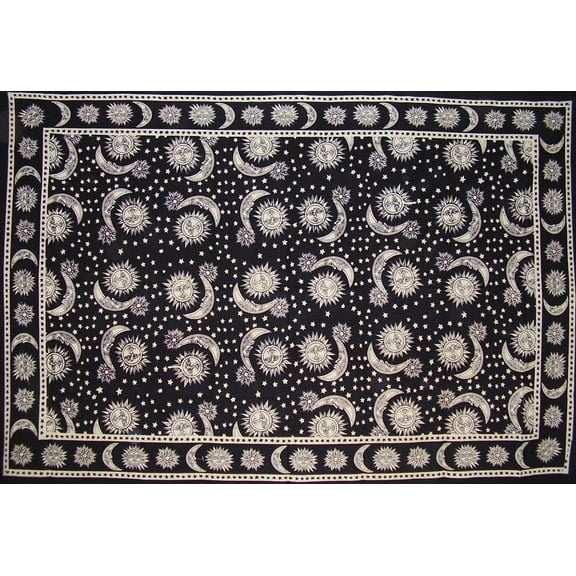 Cotton Celestial Spread or Tablecloth 90" x 60" Black & White