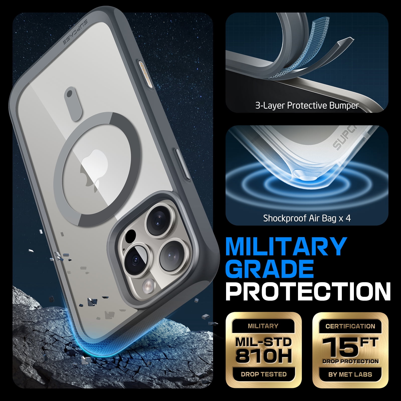 SUPCASE Quick Access Button Design for iPhone 16 Pro 2024 MagSafe Case, [Military-Grade Protection] Slim Clear Shockproof Protective Strong Magnetic Phone Case Cover for iPhone 16 Pro, 6.3", Gray
