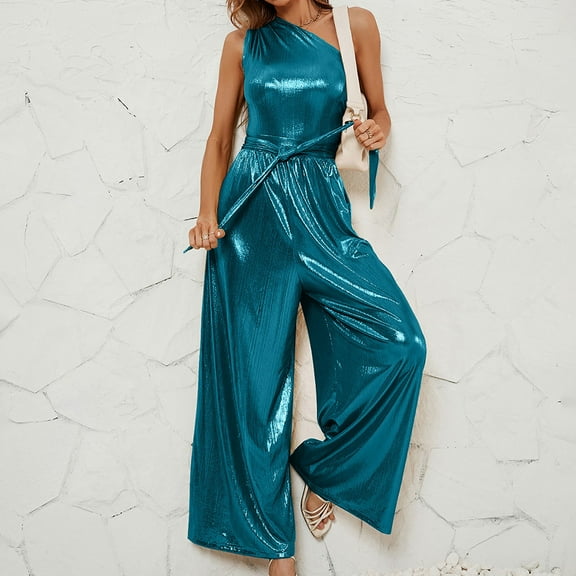 Usmixi Jumpsuits for Women Dressy Party Club Sexy One Shoulder Sequin Wide Leg Belt Long Jumpsuits Overalls Summer Slash Neck Sleeveless Solid Maxi Formal Rompers Blue m