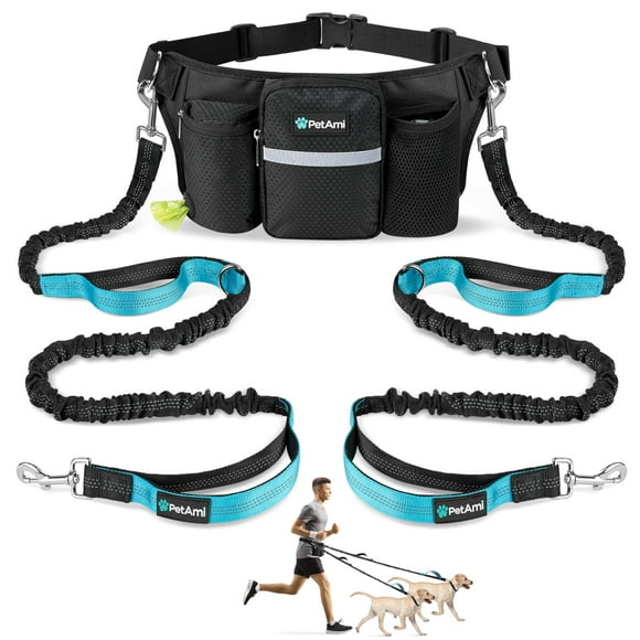 PetAmi Laisse pour Chien Mains Libres Premium pour 2 Chiens, Ceinture Ajustable pour Promenade, Sac d'Accessoires Banane Double Laisse pour Course, Randonnée, Jogging, Vélo, Noir