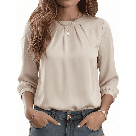 SOMER Women Blouse Pleated Tops for Women Trendy Business Dressy Business Casual Long Sleeve Tops for Women Fall Tops Apricot