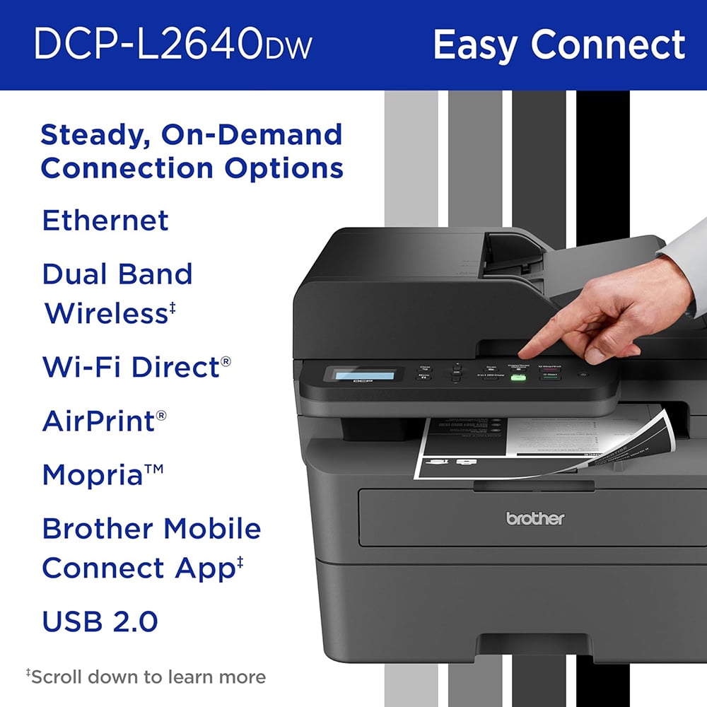 Brother DCPL2640DW Wireless Compact Monochrome Multi-Function Laser Printer Bundle with Brother High-Yield Toner, Black Twin Pack (3,000 pages/cartridge)