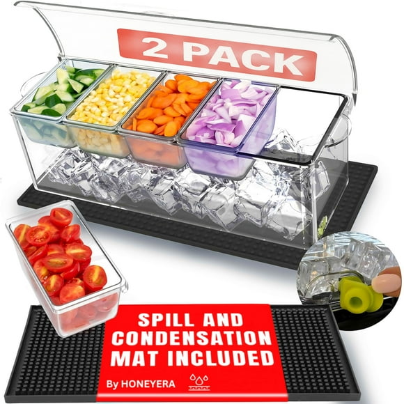 Honeyera Chilled Condiment Server | Hosting Essentials for Up to 80 Oz of Ice | Mimosa Bar Supplies Drain Plug | BPA-Free Taco Bar/Salad Bar | Food-S
