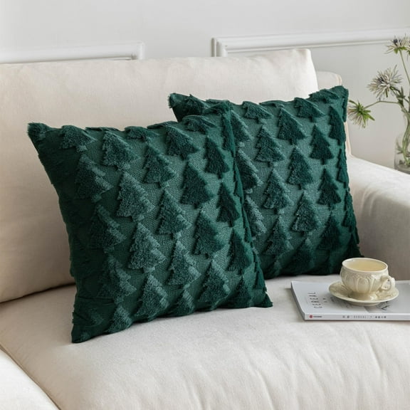 HAPPINESS Christmas Tree Decorative Throw Pillow Covers Set of 2 Packs, Soft Fluffy Pillowcases for Home Décor, Boho Pillow Covers for Couch Bedroom(Green-Tree, 18"x18")
