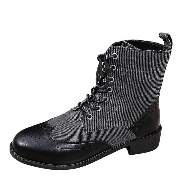 Wdhugt Boots For Women Style With Denim Patchwork Details Mid Heel Round Toe Made Of Shrunk Denim Available In Us Size 9