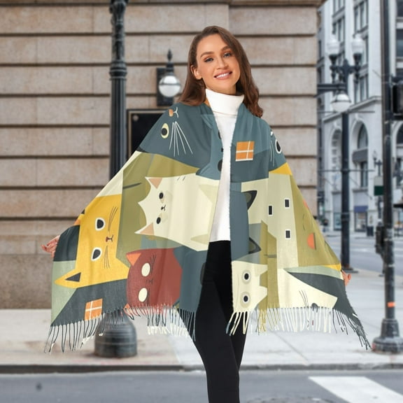 Cat Around Houses Winter Scarf for Women Fashion Warm Long Soft Blanket Scarves Gifts