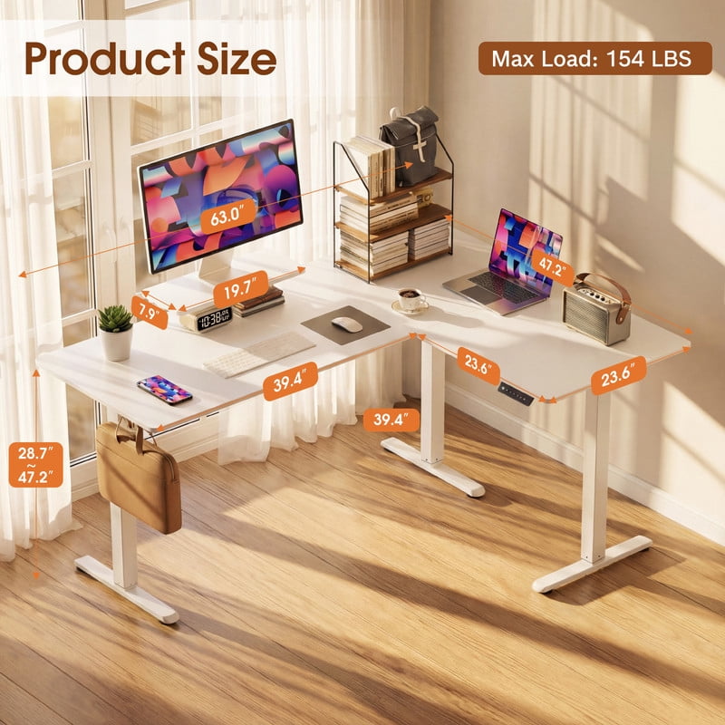 Homall L-Shaped Electric Standing Desk with Monitor Stand, 63 x 48 inch Height Adjustable Sit Stand Corner Desk, Computer Workstation for Home Office, White