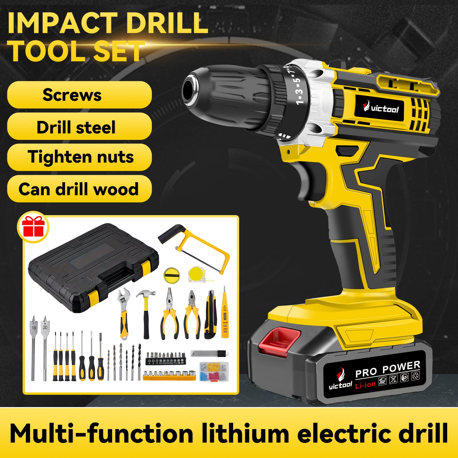 Victool 21V Cordless Electric Drill Portable Impact Drill Combo Set Household Auto Repair Hand Tool Kit