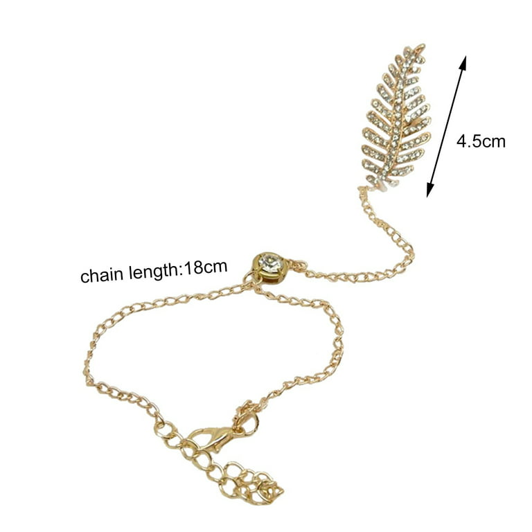 Grandest Birch Feather Shape Rhinestone Wrist Chain Women Shiny Adjustable  Finger Ring Bracelet Jewelry Rhinestone,Alloy Gold