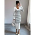 thumbnail image 6 of Women'S Striped V Neck Sweater Dress Long Sleeve Bodycon Midi Dresses White L, 6 of 7