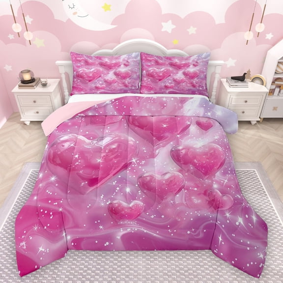 Manfei Love Heart Print Girl Bedding Comforter Set 2pcs,Dreamy Princess Twin Comforter Sets Microfiber,Romantic Sweet Breathable Bedding Set,Ultra Soft Home Decor,Reversible
