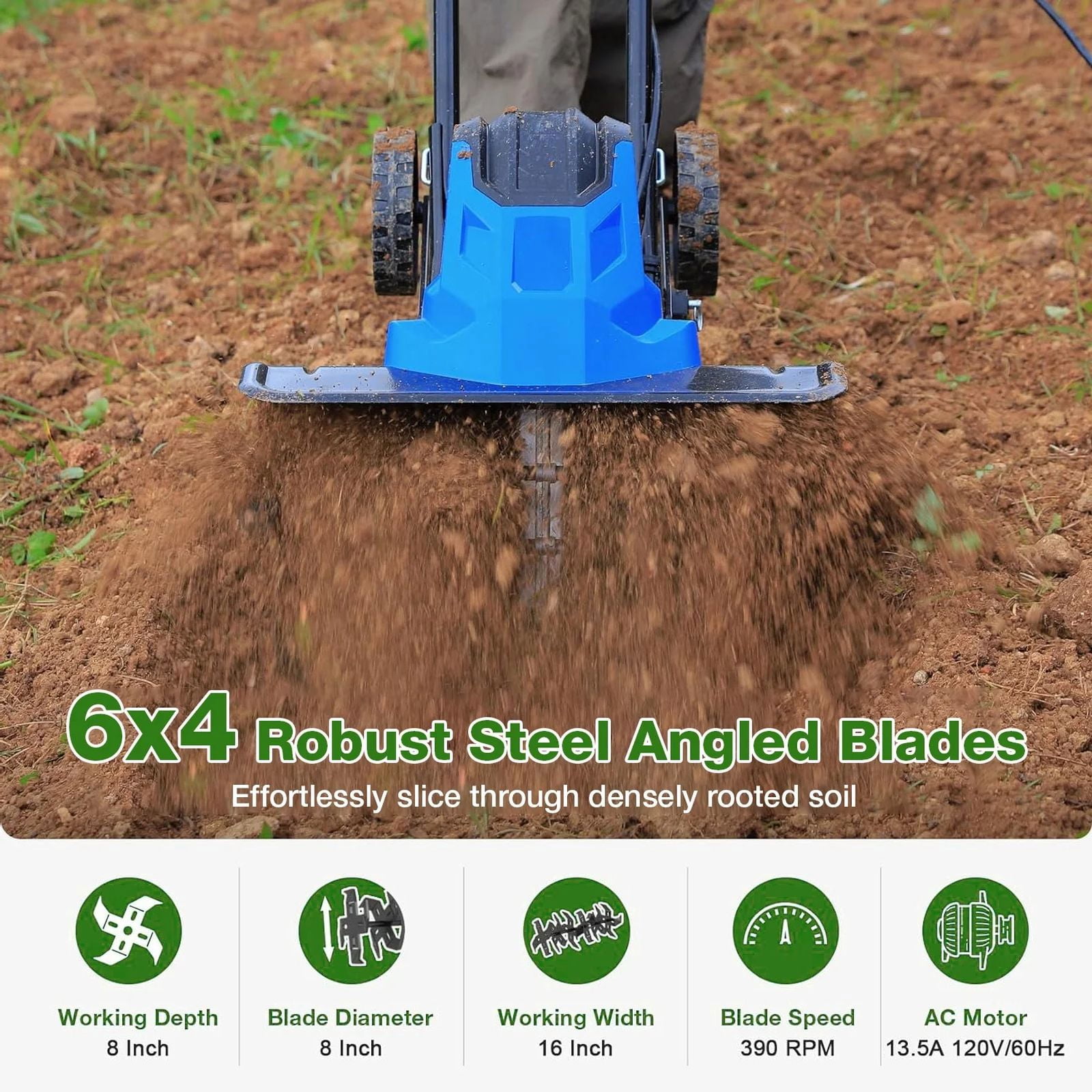 ANLIBATT 16 Inch Corded Electric Tiller 120V 13.5 Amp, 8 Inch Tilling Depth, Foldable Handle, Adjustable Wheels Cultivator for Garden Soil Digging