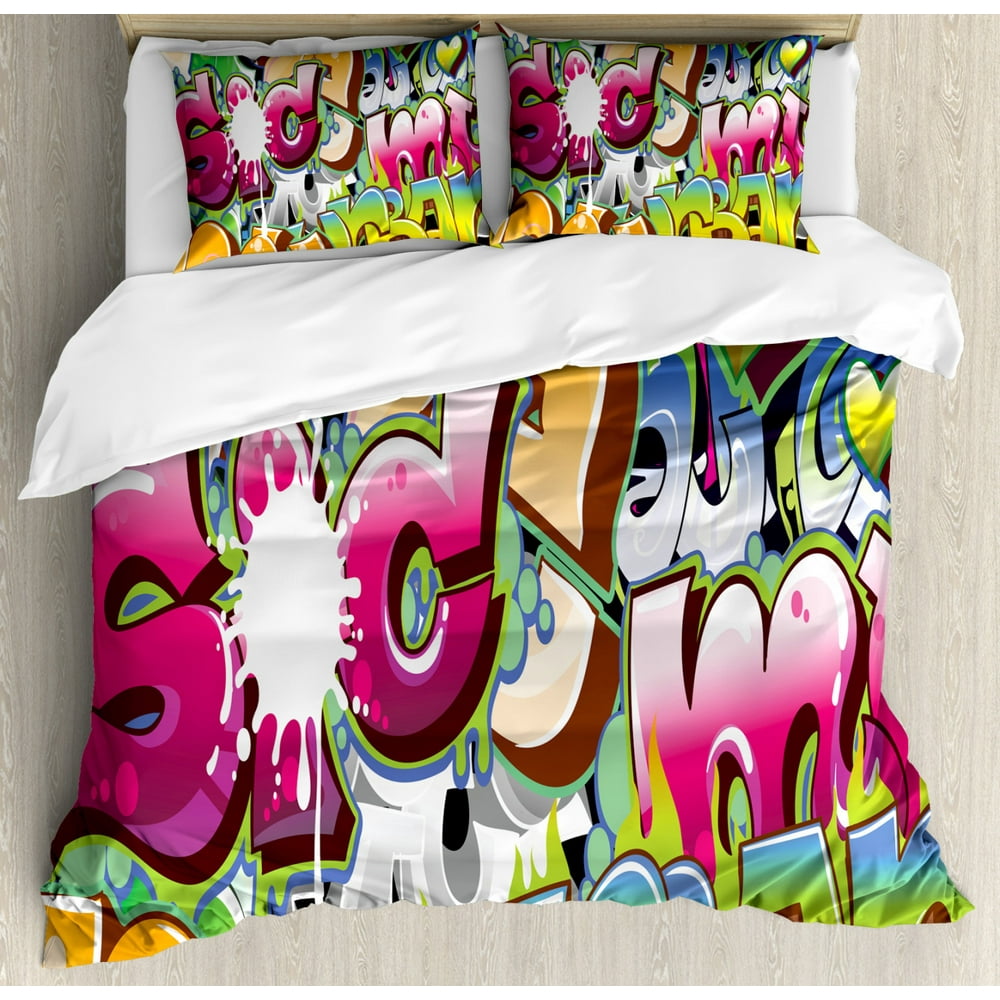 Urban Graffiti King Size Duvet Cover Set, Throwie Style Wall Graffiti