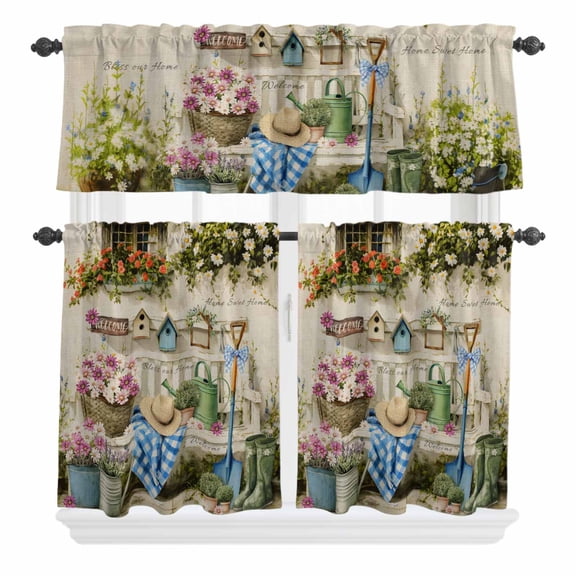 3 Piece Kitchen Curtains and Valances Set Spring Daisy Cafe Curtains 36 Inch Length Flowers Farmhouse Leaves Floral Pots Country Retro Valance & Tier Curtain for Living Room Bedroom 54"x18" 27"x36"*2