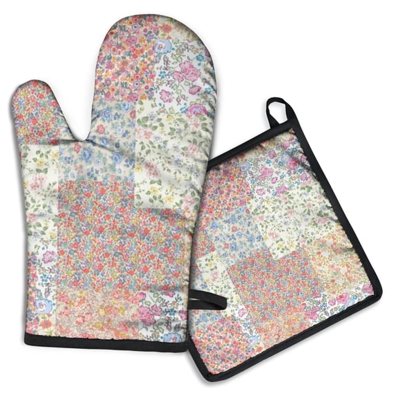 Pioneer Flower Kitchen Oven Mitt and Pot Holder Sets 2 Pcs for Baking, Cooking and Grilling, Heat Resistant Up To 392 °F