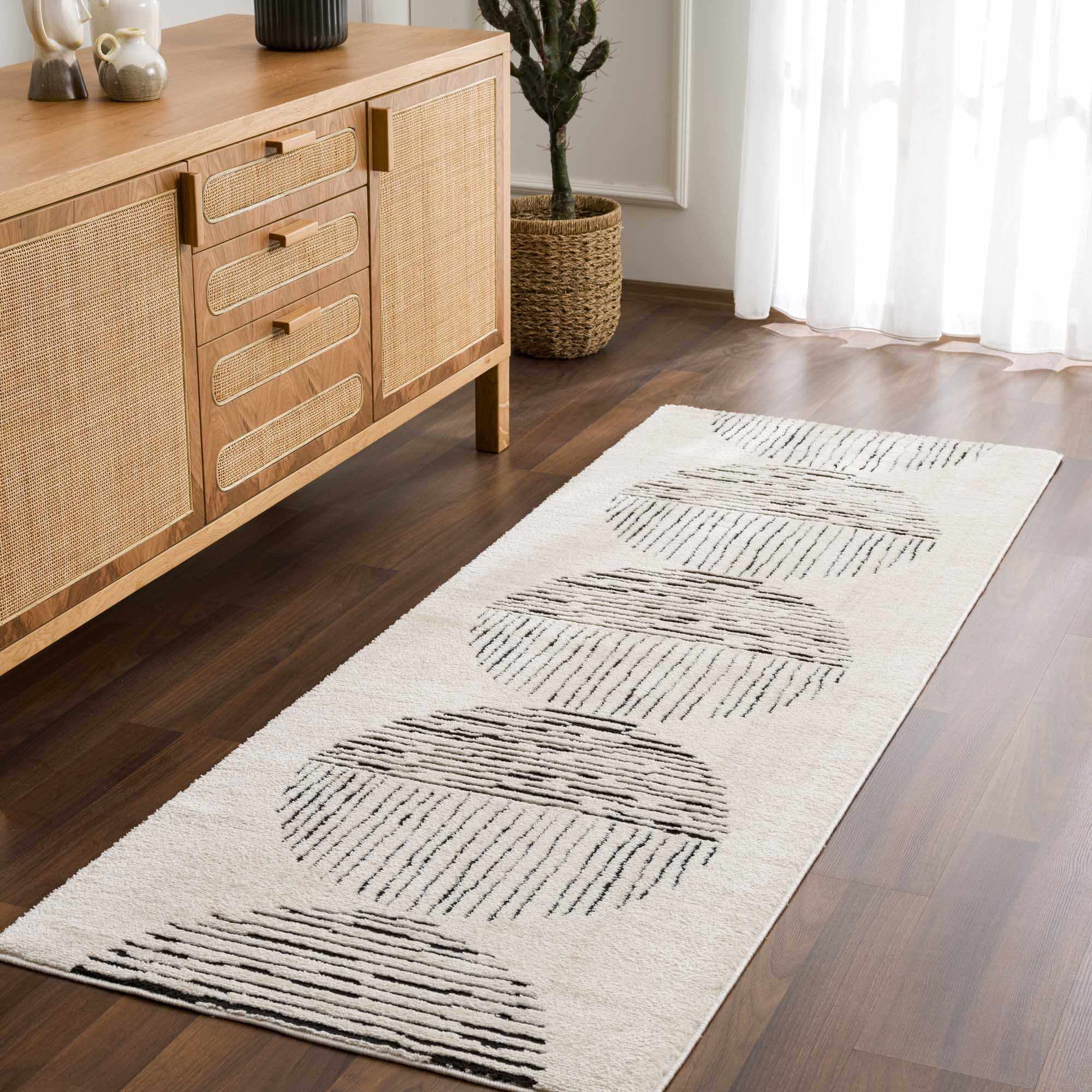Hauteloom Mahsa Living Room, Bedroom Area Rug - Bohemian Farmhouse Round Pattern - Cream, Black - 7'10" x 10'