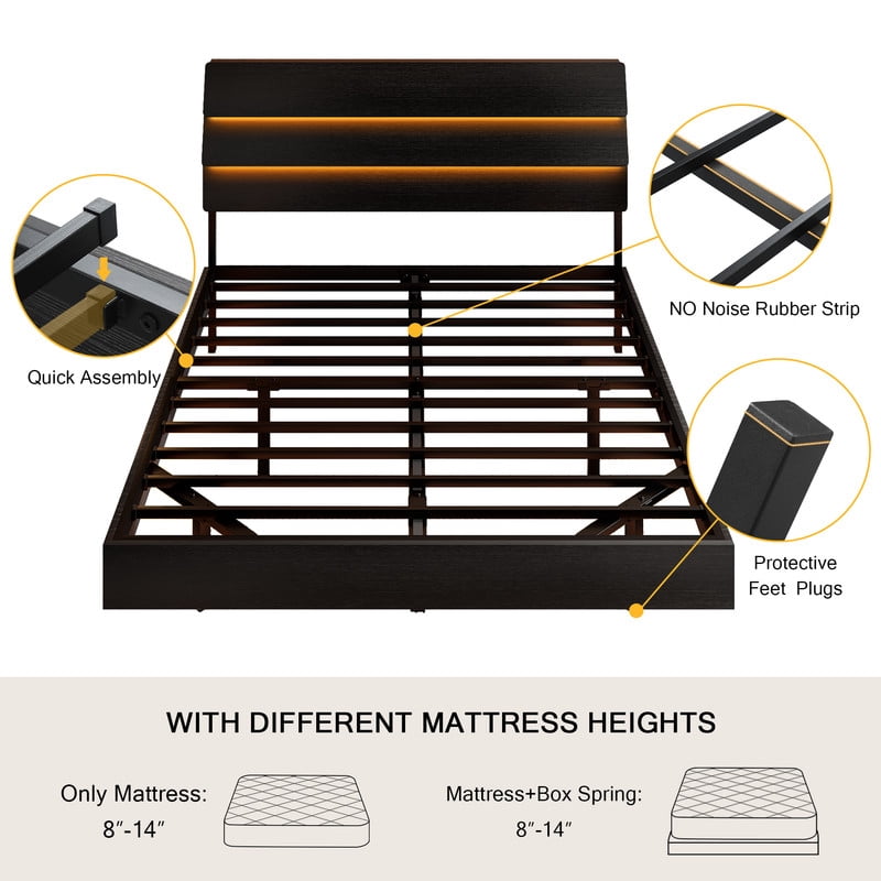 Galnfu Floating Queen Size Bed Frame with LED Light and USB Port Charging Station, Platform Bed with Wooden Storage Headboard, Sturdy Steel Slats,Easy to Assemble, Black.