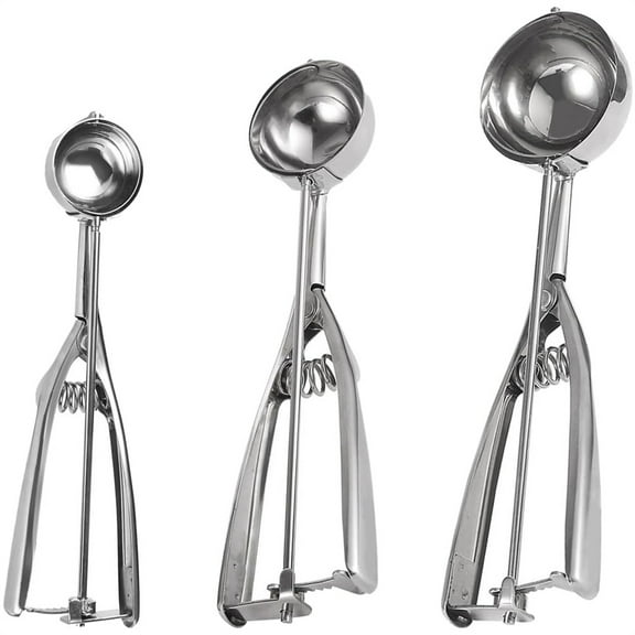Silver Ice Cream Scoop Set,Stainless Steel Cookie Scoops for Baking,3 Pcs Cupcake Scoop,Cookie Dough Scoop,Round Head Fruit Scoop,for Melon Ball Meatball Truffles Mashed Potatoes (S/M/L)
