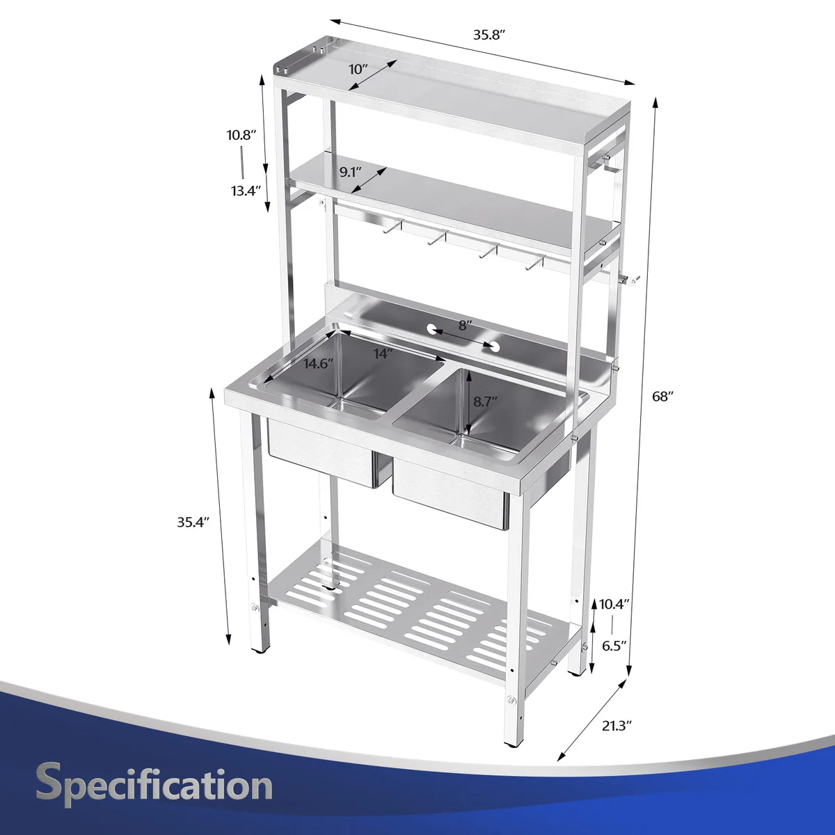 Ktaxon 36" × 21" Stainless Steel Double Utility Sink with Adjustable Shelves, Freestanding Prep Sink with Backsplash & 3.5" Drain