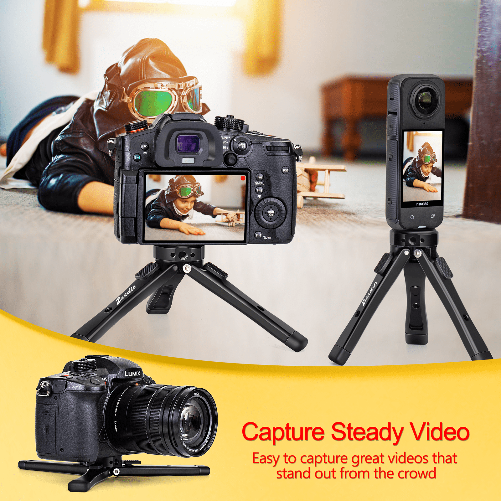 Zeadio Aluminium Alloy Adjustable Tripod Stand, Stable Portable Mount with Cold Shoe for Cameras and Gimbal Stabilizers