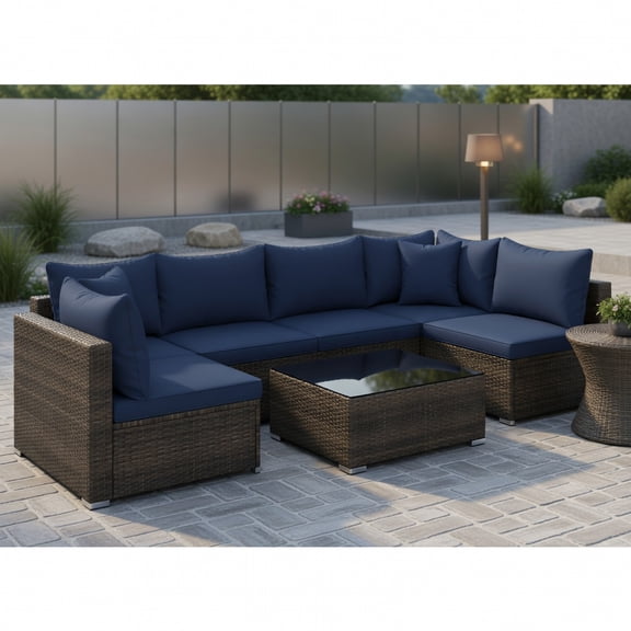 GVN Backyard Furniture Sets,Outdoor Furniture Sets,7 Pieces Patio Rattan Furniture Set with Sectional Sofa Cushions-Navy