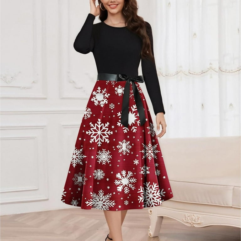 JZGPF Women Christmas Cocktail Dresses Vintage Swing Dress Long Sleeve A Line Dresses Long Sleeve Warm Dresses Wedding Guest Church Party Prom Swing