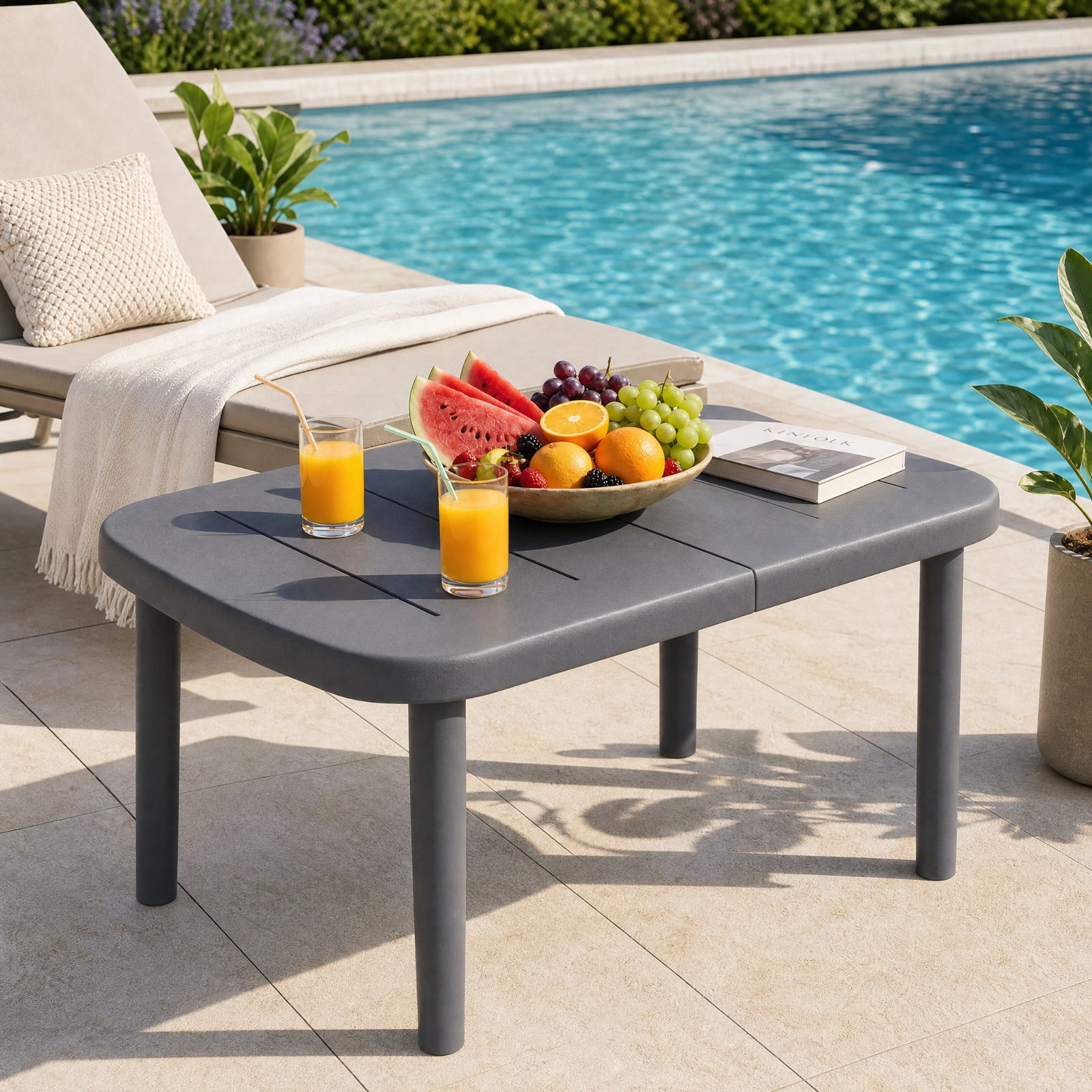 Biotree Rectangular Patio Side Table, Outdoor Storage End Table with Aluminum Alloy Rods, Waterproof Top and 110 lbs Capacity for Poolside Deck, Gray