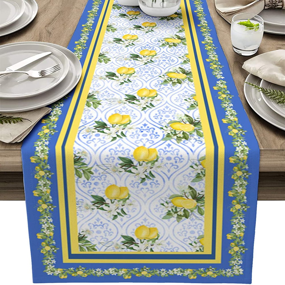 Blue Table Runner Lemon Table Runner Farmhouse Boho Morocco Dining ...