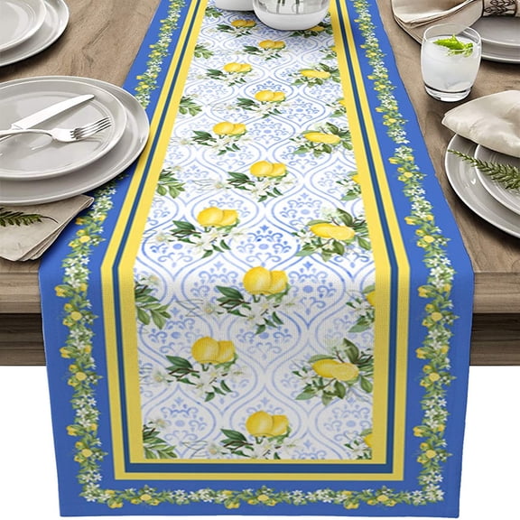 Blue Table Runner Lemon Table Runner Farmhouse Boho Morocco Dining Table Decor for Parties Holiday Kitchen Decor 13x72 Inch