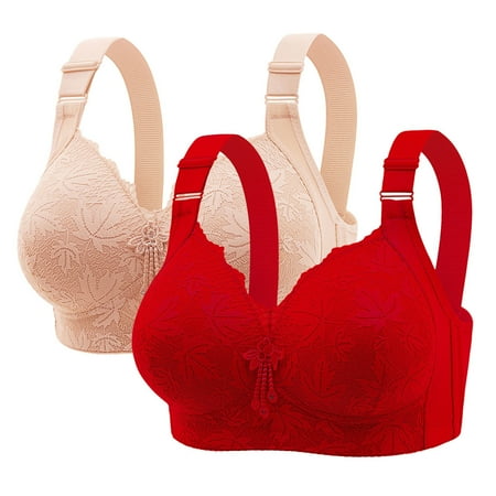 Gnurob Womens Wireless Push Up Bra 2 Pack Sexy Lace Bralette Beauty Back Bras Adjustable Strap Brassiere Full Coverage T-Shirt Padded Underwear Everyday Wear Clearance Saving Red 44