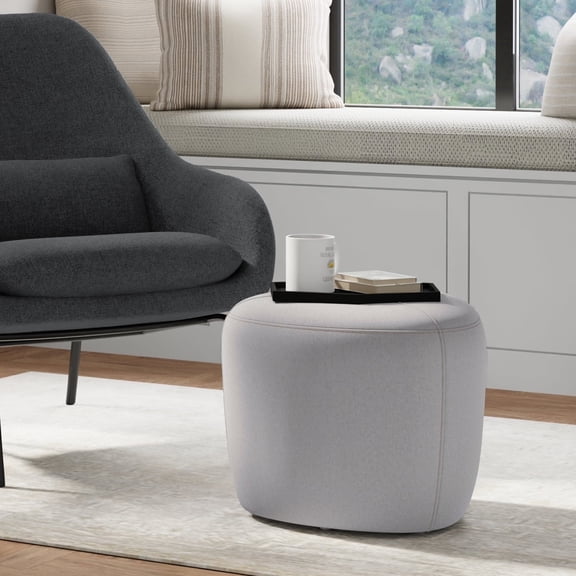 Simpli Home Moore 18 inch Wide Contemporary Irregular Small Ottoman in Light Grey Linen Look Fabric, Fully Assembled