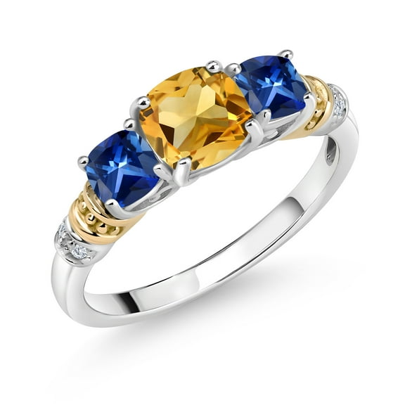 Gem Stone King 925 Silver and 10K Yellow Gold Yellow Citrine and Blue Created Sapphire and Diamond 3-Stone Ring for Women (1.65 Cttw, Gemstone November Birthstone, Cushion 6MM and 4MM, Size 7)