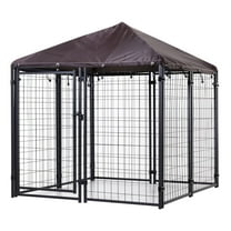 Outdoor Dog Kennel 5'x5', Steel Dog Fence with Roof, Water-Resistant Canopy - Jet Black