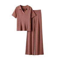 QUYUON Two Piece Outfits for Women Summer Short Sleeve Collared V-Neck Tops and Wide Leg Pants 2 Piece Lounge Sets Solid Color Ribbed Knit Shirts Matching Set Pink One Size