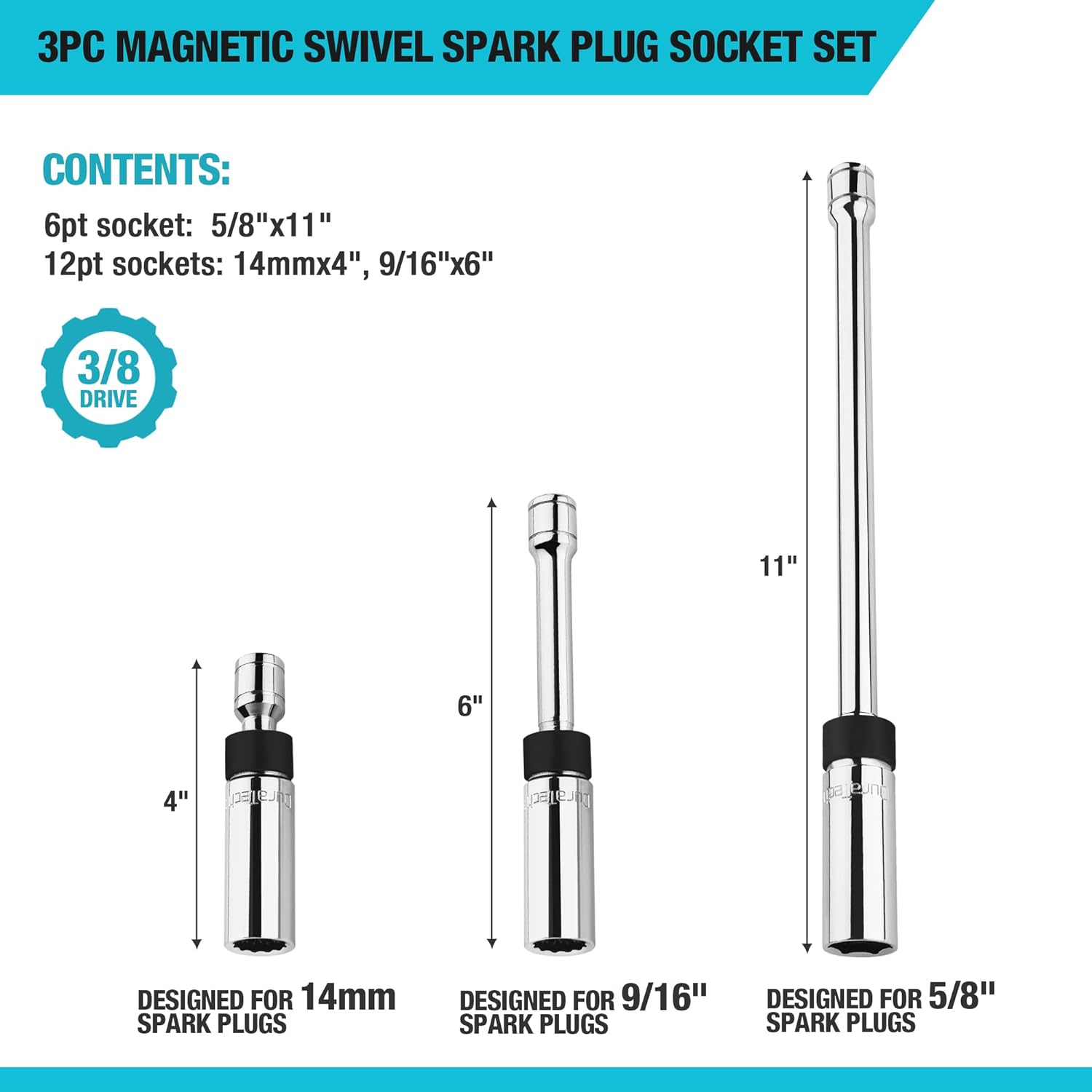 14mm Magnetic Swivel Spark Plug Socket – 3/8" Drive, 12-Point, Chrome Vanadium, 305mm Length