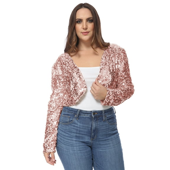 Women's Plus Size Sequin Embellished Long Sleeve Bolero Blazer Shrug, Rose Gold, Large