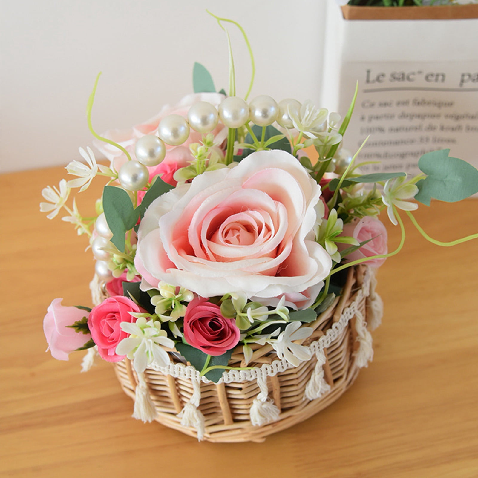 Hyknon Wicker Rattan Flower Girl Basket with Pearl Handle & Tissue Small Hand Woven Gift Storage Basket for Easter Wedding Ceremony Party Supplies
