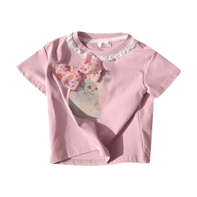 WENXIAOO T-shirts Filles Manches Courtes Col Rond T-shirts Graphiques Mode Fille Tenues d'Été Filles 7-8 Ans Vêtements