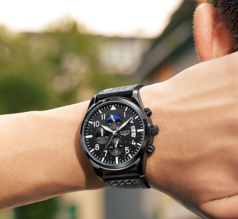 ZUNPAI Watches for men Chronograph Quartz Watch with Luminous Calendar Analog Dial Waterproof Leather Strap Sport Fashion Wristwatch