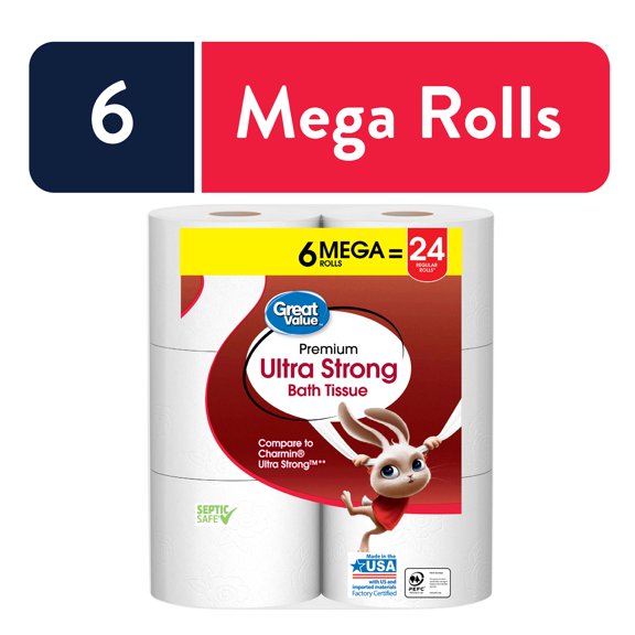 Great Value Ultra Strong Toilet Paper, 6 Mega Rolls