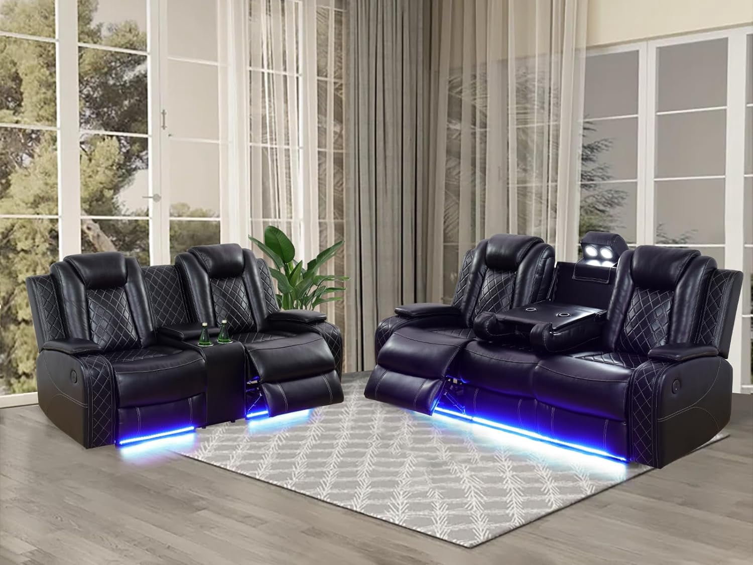 Multifunction Power Air Leather Recliner Sofa Set with LED Lights, Living Room Furniture, Reclining Sofa, loveseat, Chair with USB Port/Storage Console/Cup Holders (Black, Sofa+Loveseat)