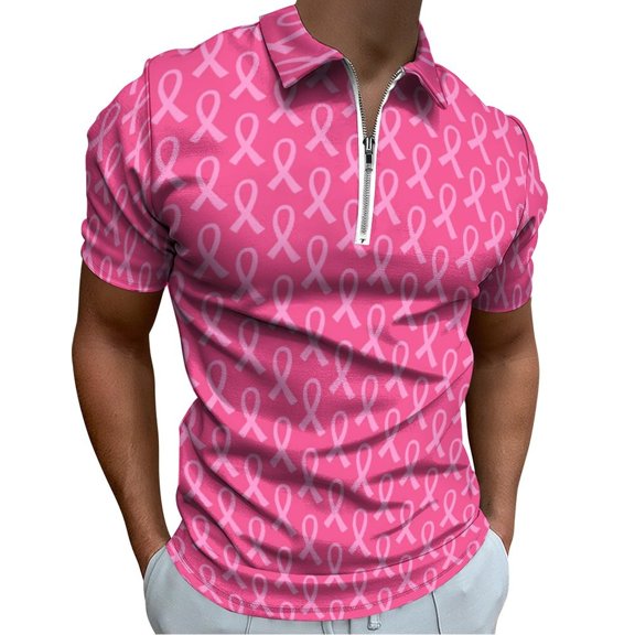 Pink Ribbon Men Zipper T-shirt Summer Casual Short Sleeve T-shirt Top