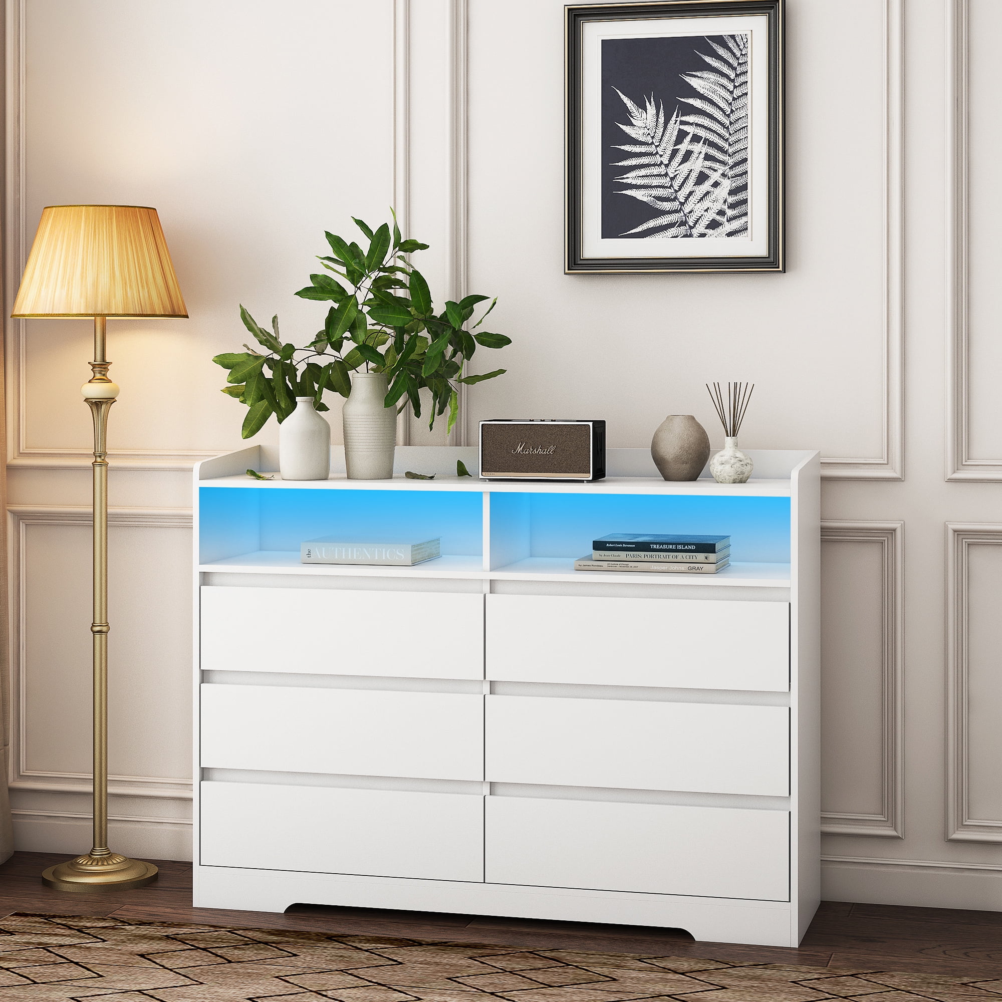 Kepooman 51" Living Room 6-Drawers Storage Display Cabinet, Modern White Console Table with 16 Colors LED Lights Kepooman 51" Living Room 6-Drawers Storage Display Cabinet, Modern White Console Table with 16 Colors LED Lights