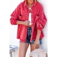 thumbnail image 2 of Chaqueta desgastada de gran tamaño roja de manga larga, cuello vuelto, botonadura sencilla con bolsillos, estilo informal para mujer - L, 2 of 8
