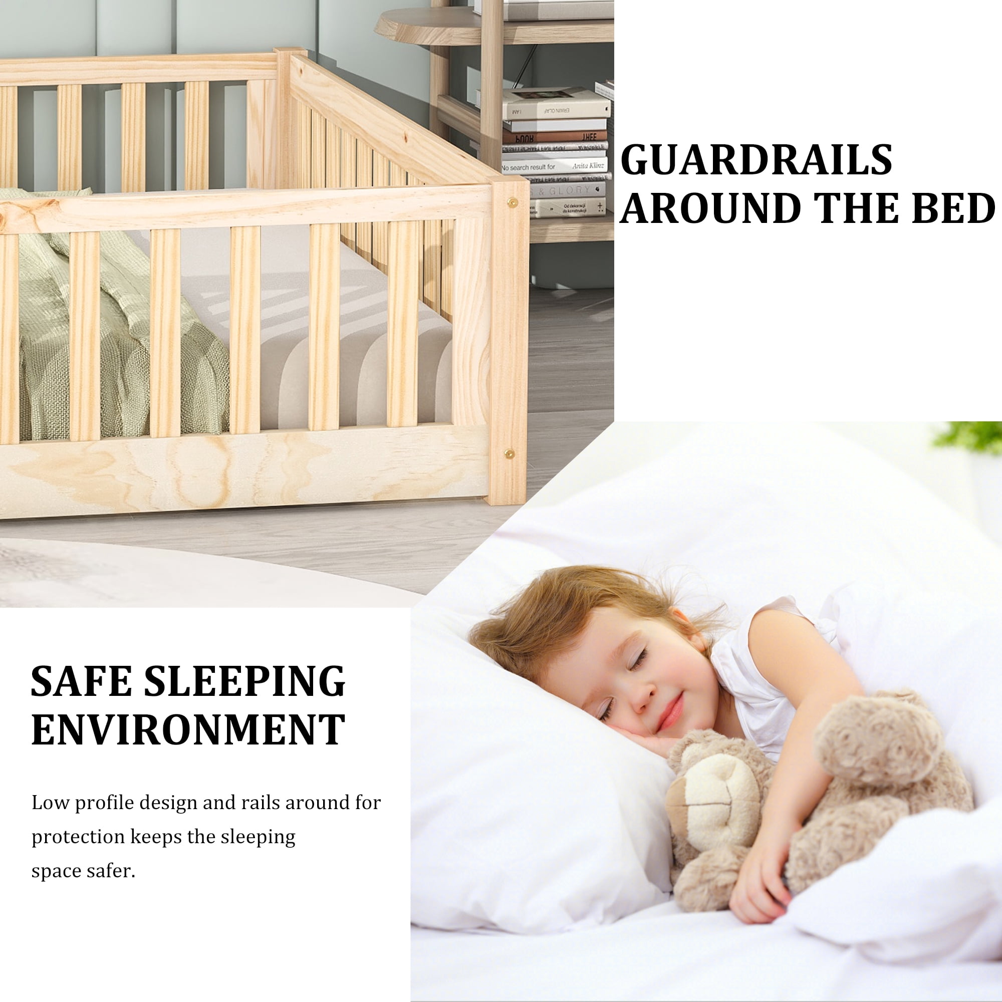 UHOMEPRO Full Size Floor Bed with Fence and Door, Low Profile Montessori Floor Bed for Crib Transition, Solid Wood Cute Bed Frame with Slats Supports, Easy Assembly, No Box Spring Needed, Natural