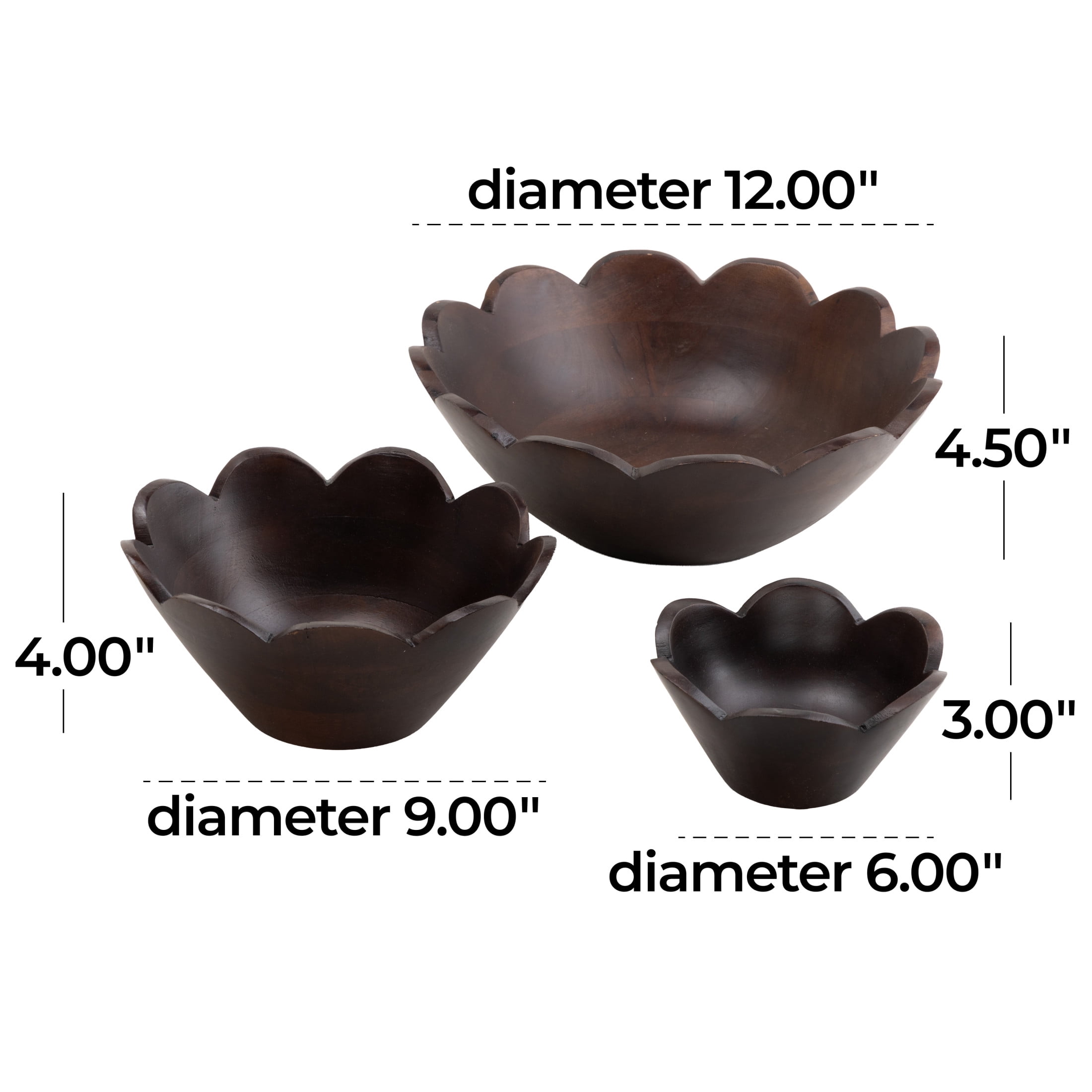 DecMode 12", 9", 6"W Handmade Round Floral Dark Brown Mango Wood Decorative Bowl, Set of 3