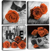 Farmhouse Flower Wall Art Burnt Orange Rose Pictures for Living Room Couple Bedroom Wall Decor Rustic Nature Paintings Black and White Floral Posters Canvas Prints Kitchen Home Decorations 16x16 4Pcs