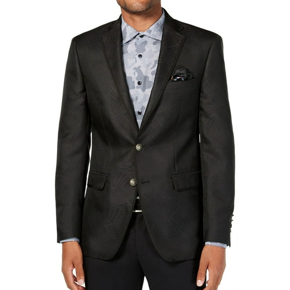 Tallia Mens Geometric Two Button Blazer Jacket, Black, 40 Regular