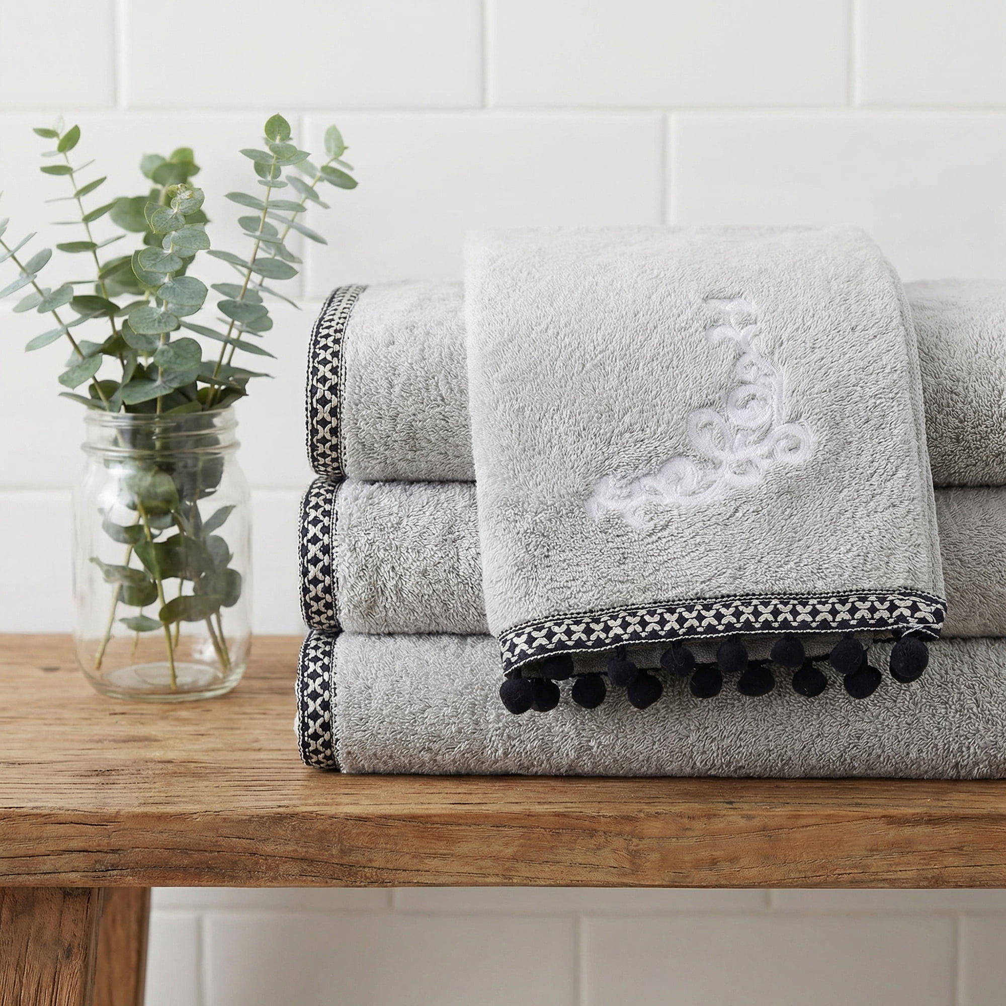 Unique Bargains Boho Embroidery Coral Fleece Hand Towels Grey 2pk