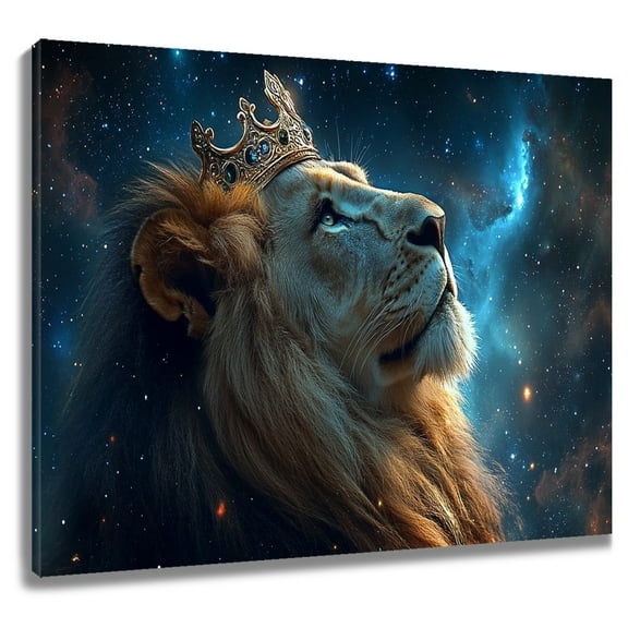 Lion Canvas Wall Art Lion King Gold Crown Blue Starry Sky Wild Animal Prints Posters Living Room Decor Modern Home Art Bedroom Bathroom Office Wall Decor,12x12 Inches